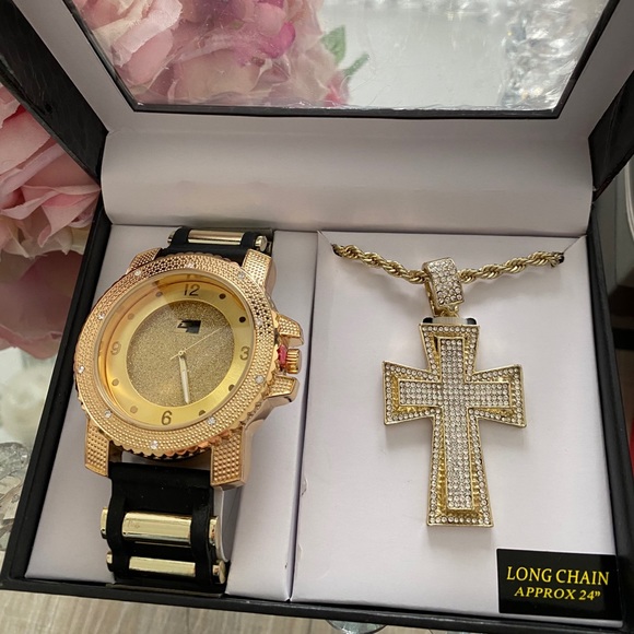 Two tone gold silver watch and cross necklace